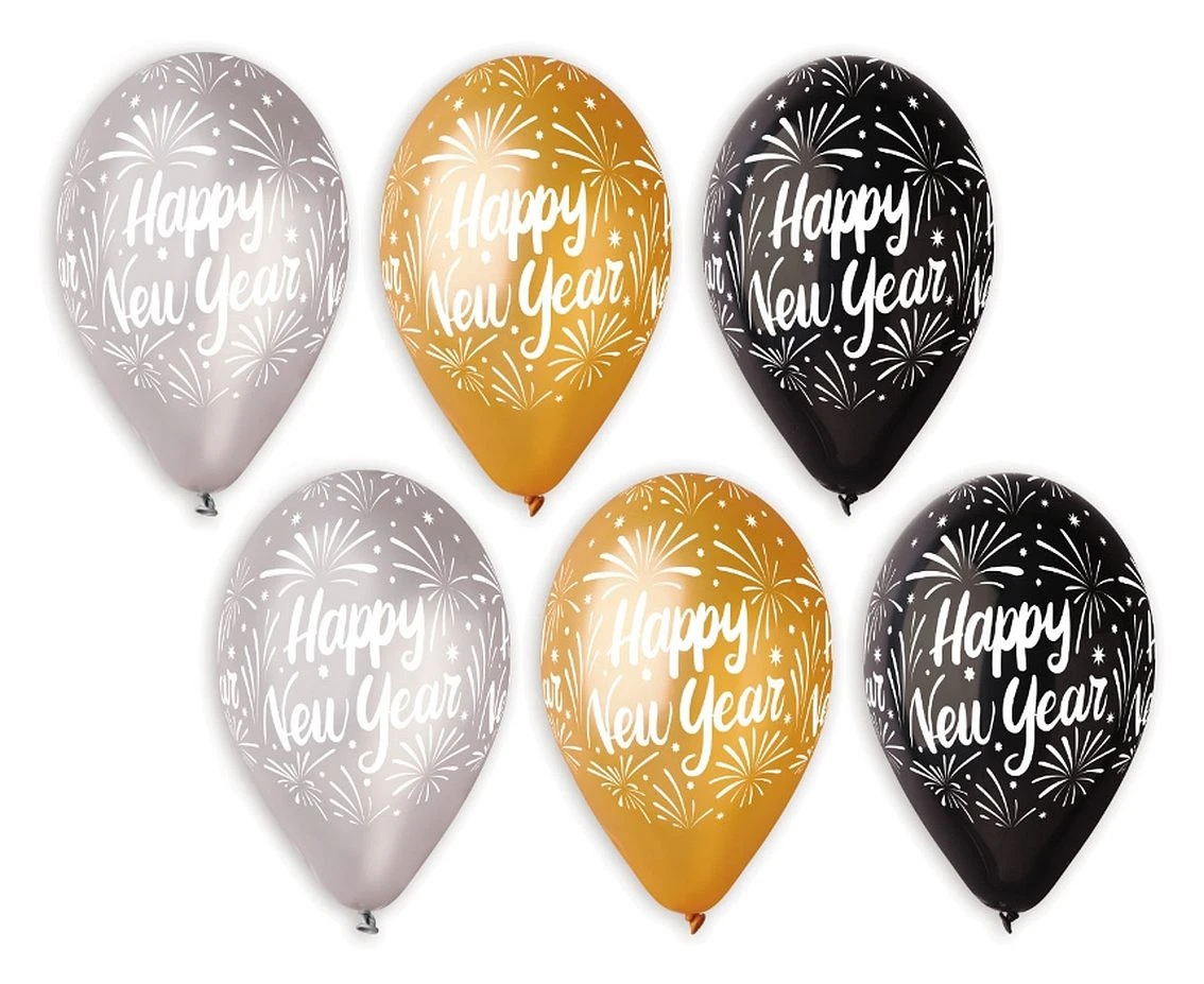 Balloons Gemar 12", happy new year, metallic gold, silver and black, 25pcs